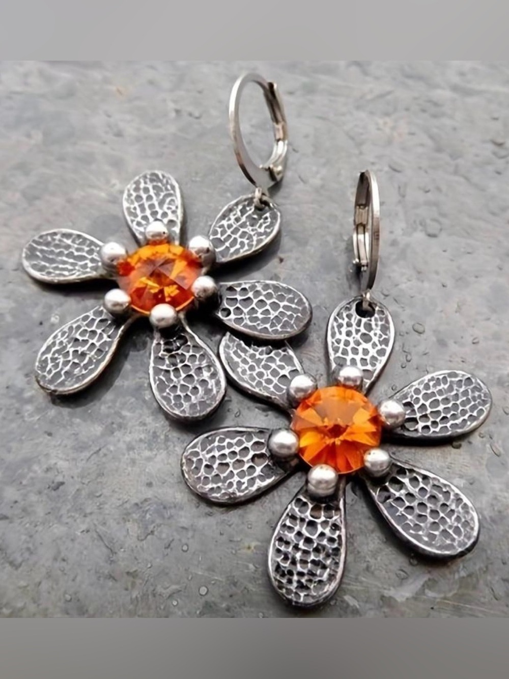Flower Drop Earrings with Orange Crystal Center